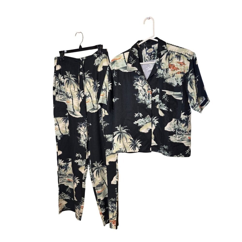 Tommy Bahama Womens Size 10 Black Hawaiian-style Print Silk Pant Set Casual